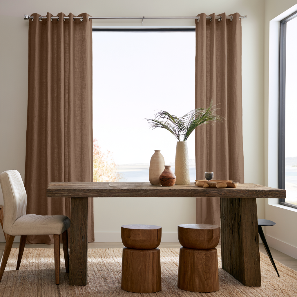 Tawny Brown Linen Eyelet Curtains in a Modern Rustic Dining Room with Reclaimed Wood Table and Sculptural Decor