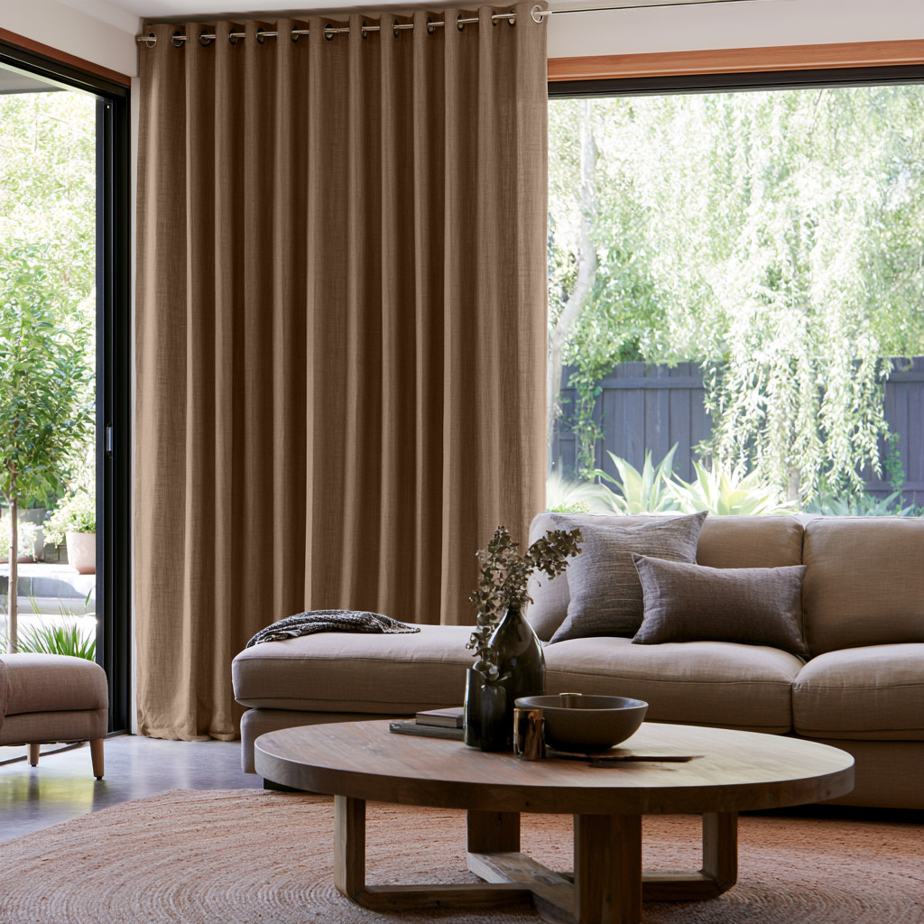 Tawny Brown Linen Eyelets Extra Long Curtains in a Modern Living Room with Beige Sectional Sofa and Round Wooden Coffee Table