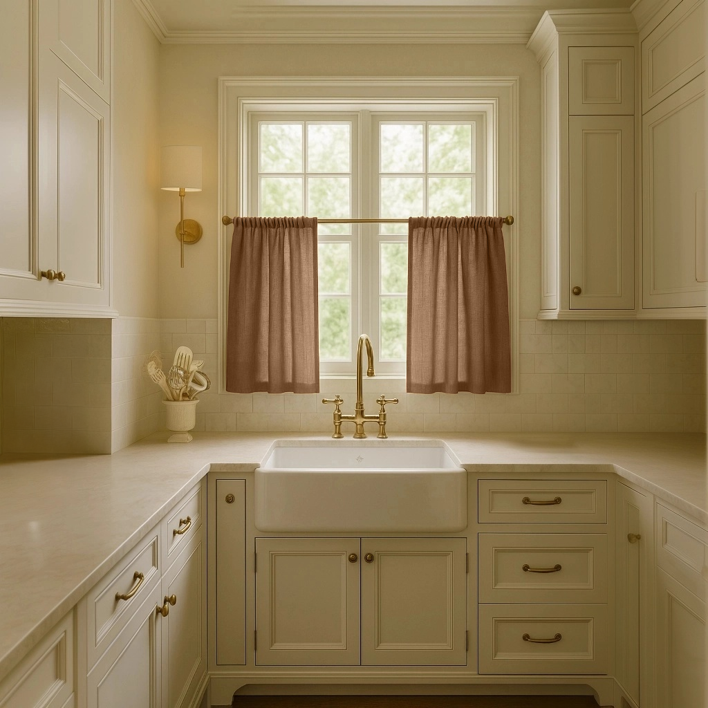 Tawny Brown Linen Kitchen Cafe Curtains Over Sink