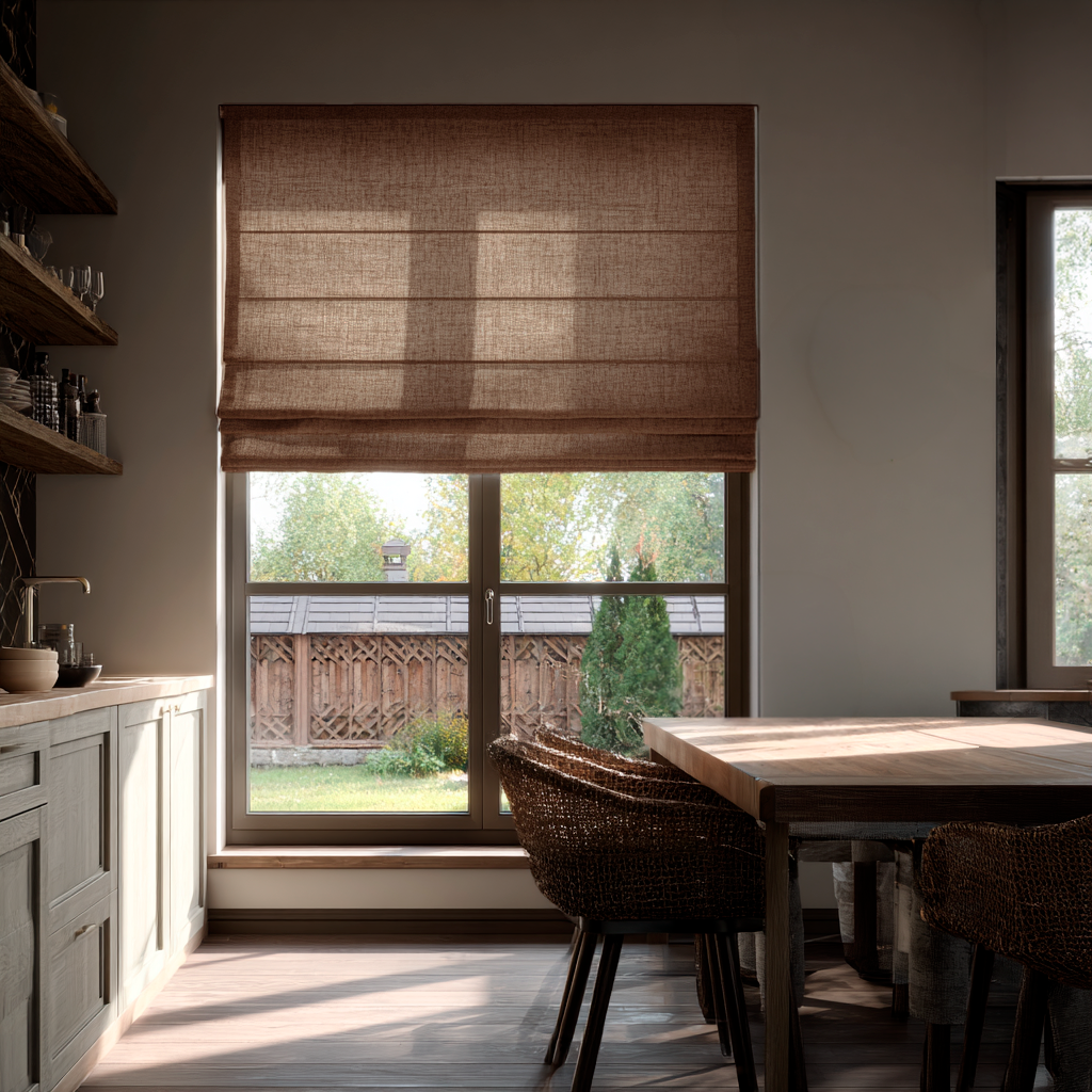 Tawny Brown Linen Roman Blinds in a Cozy Dining Kitchen with Neutral Walls - Cotton Lining