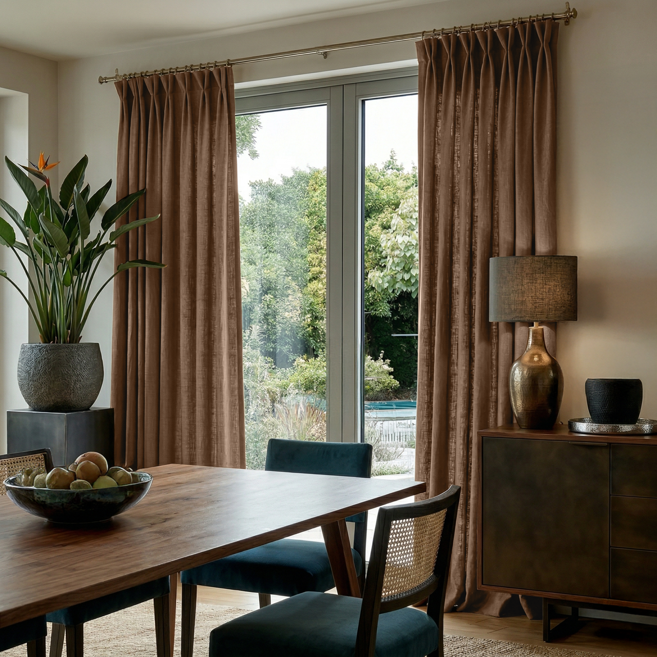 Tawny Brown Linen Pinch Pleat Curtains for Sliding Doors in a Dining Room with Cream Walls