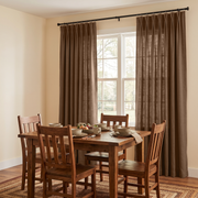 Tawny Brown Linen Pinch Pleat Curtains in a Warm Traditional Dining Room with Wooden Furniture and Neutral Table Setting