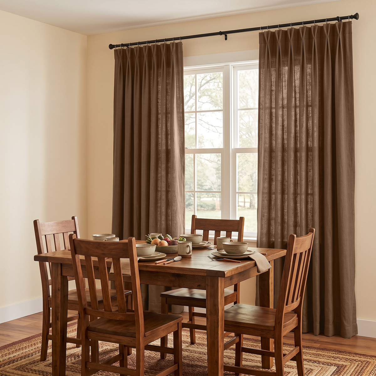 Tawny Brown Linen Pinch Pleat Curtains in a Warm Traditional Dining Room with Wooden Furniture and Neutral Table Setting