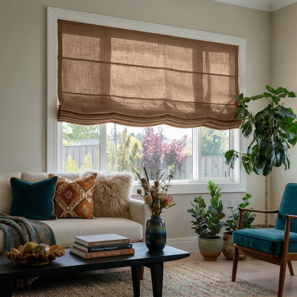 Tawny Brown Linen Relaxed Roman Blinds