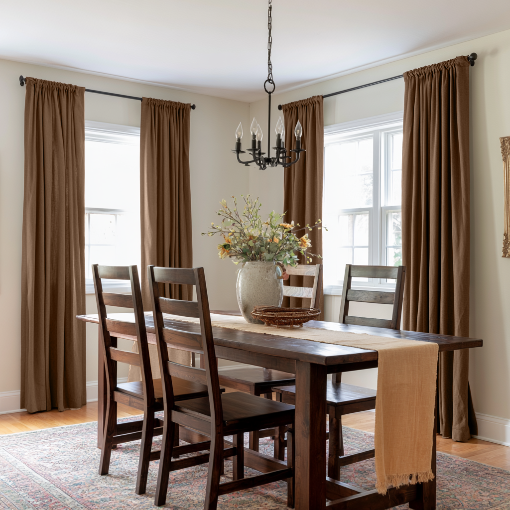 Tawny Brown Linen Rod Pocket Curtains in a Traditional Dining Room with Dark Wood Furniture and Classic Chandelier