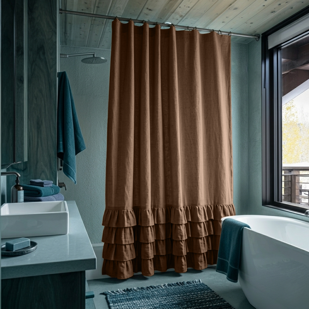 Tawny Brown Linen Ruffled Shower Curtain