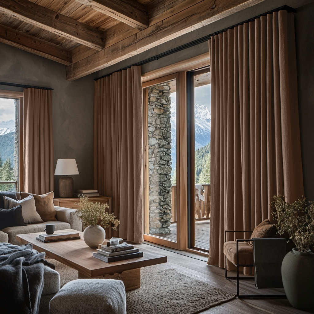 Tawny Brown Linen Thermal S-Fold Curtains