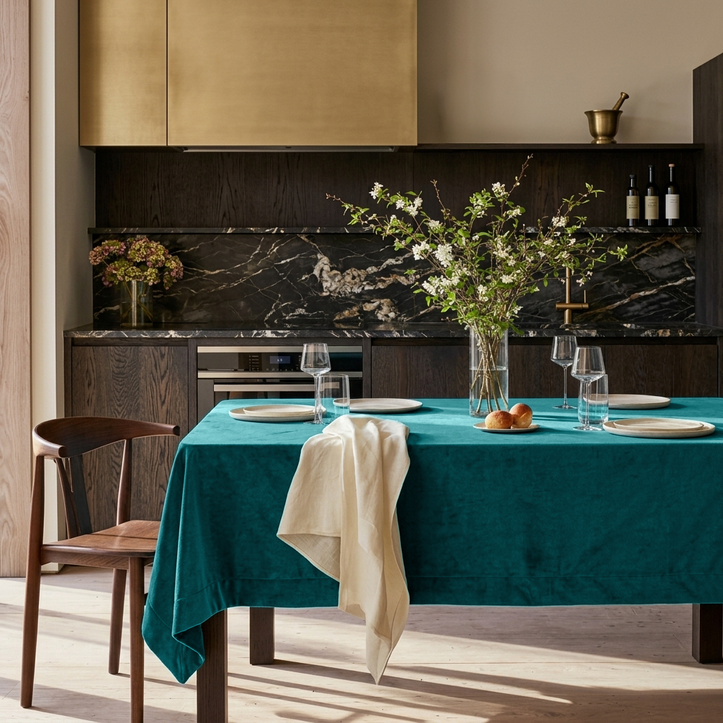 Teal Rectangular Velvet Tablecloth in a Contemporary Kitchen with Dark Wood Cabinetry and Black Marble Backsplash