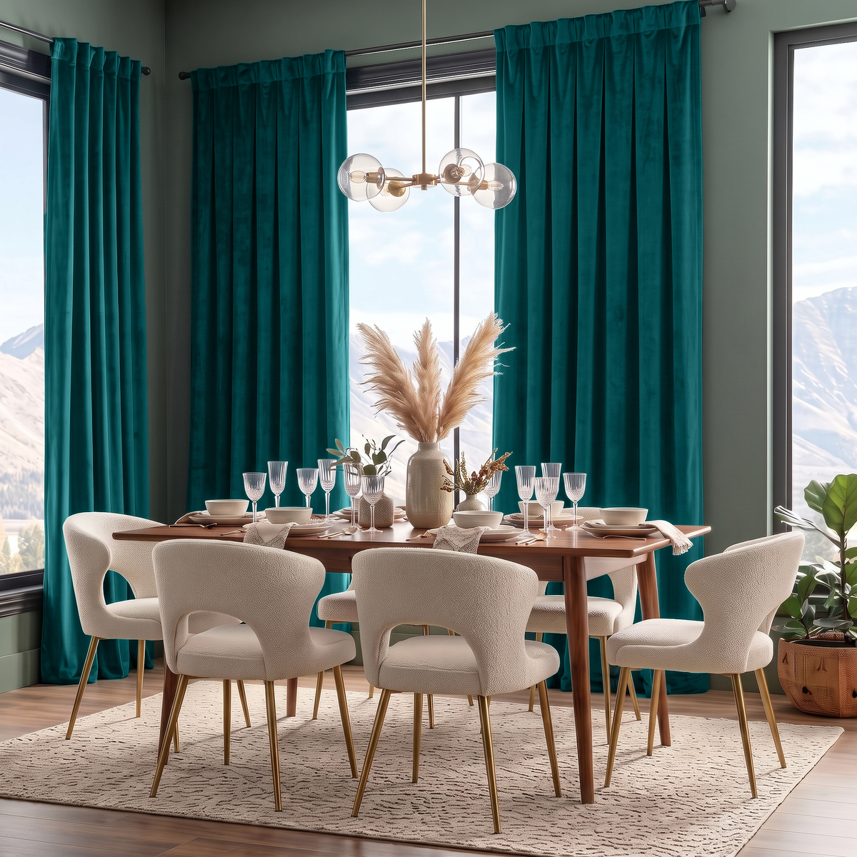 A luxurious dining room with rich teal curtains, panoramic mountain views, a wooden table, cream bouclé chairs with gold legs, elegant glassware, and a pampas-grass centerpiece