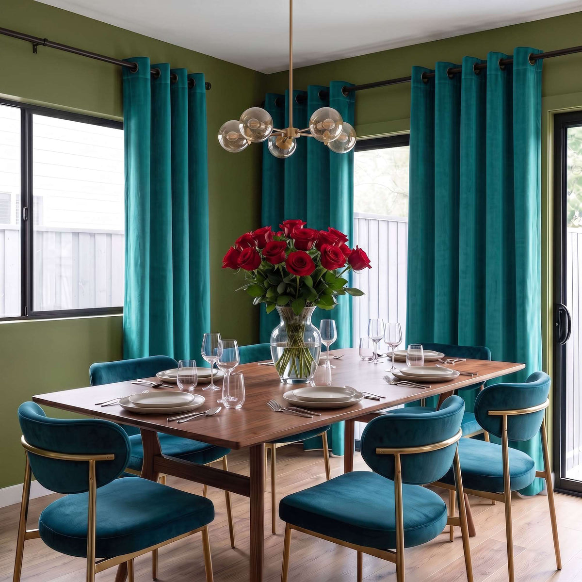 A vibrant dining room with teal curtains, olive-green walls, matching velvet chairs with gold accents, a wooden table, elegant place settings, and a striking centerpiece of red roses
