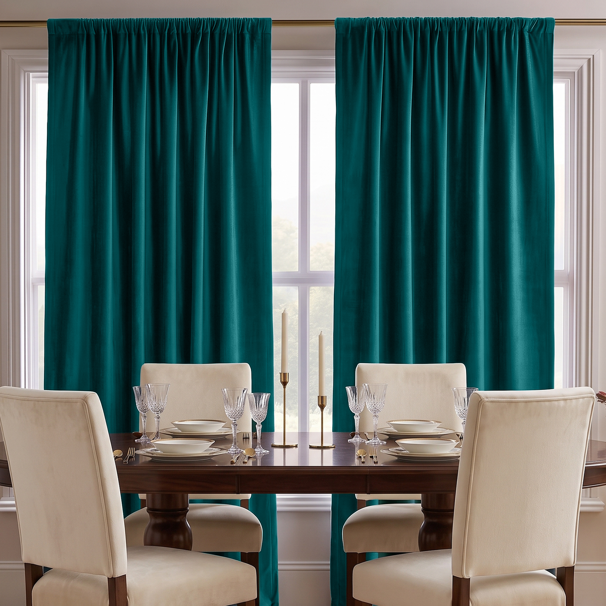 An elegant dining room with rich teal curtains, a dark wooden table, cream upholstered chairs, crystal glassware, white tableware, and slender gold candlesticks