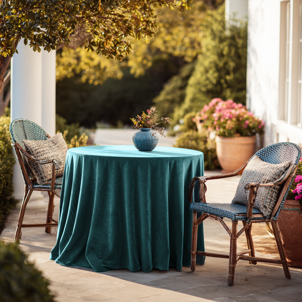 Teal Velvet Round Tablecloth in a Sunlit Patio Dining Setting