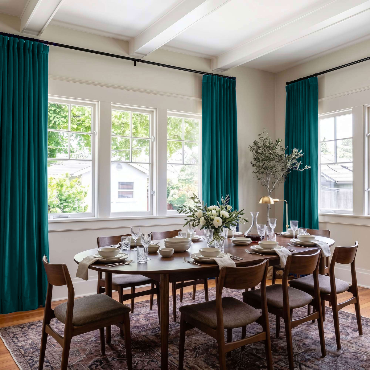 A spacious dining room with rich teal curtains, large corner windows, a dark wooden table, classic chairs, elegant tableware, and a fresh floral centerpiece