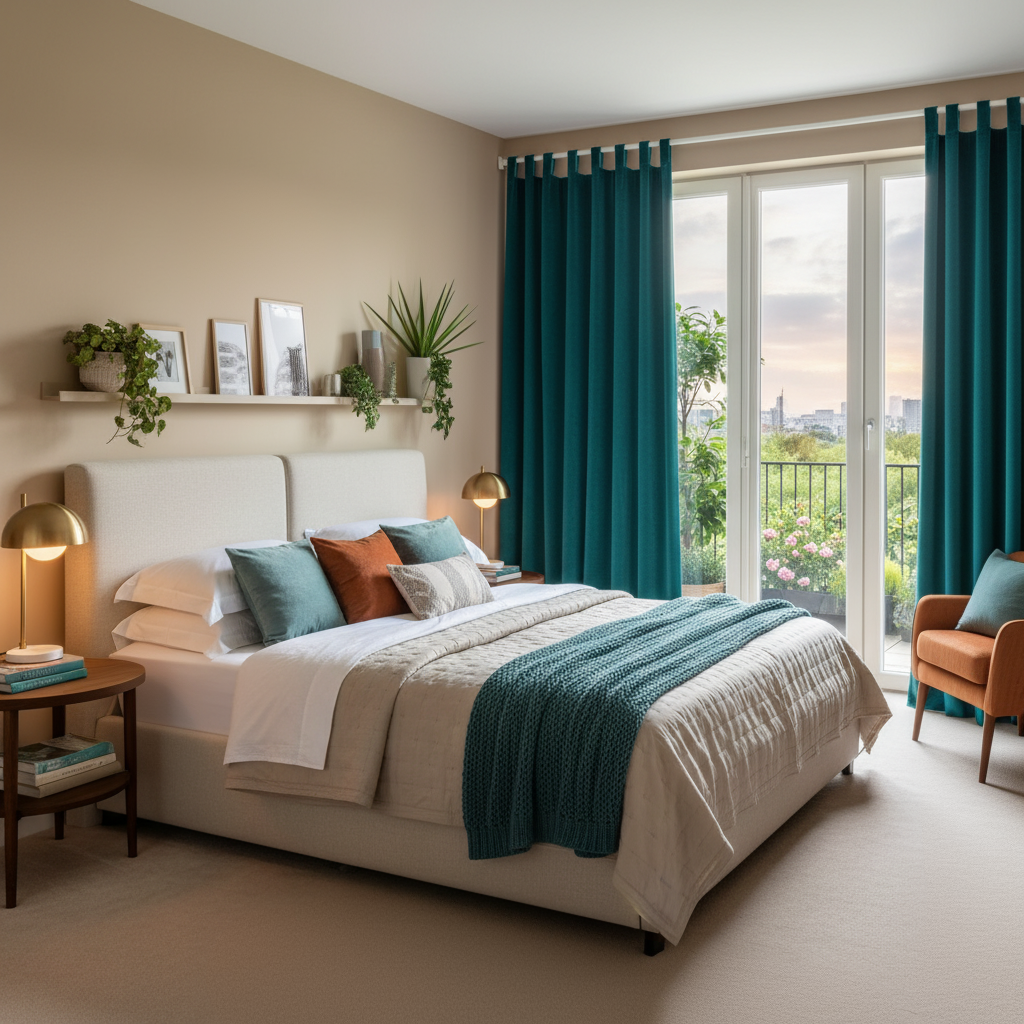 Teal Velvet Tab Top Blackout Curtains in a Bedroom with Beige Walls