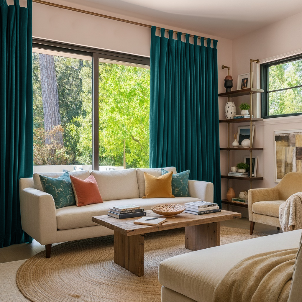 Teal Velvet Tab Top Blackout Curtains in a Living Room with Blush Pink Walls