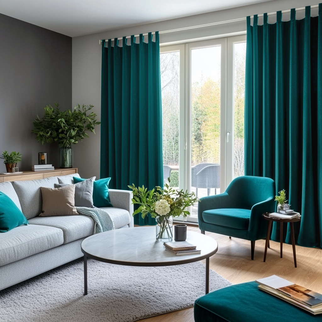 Teal Velvet Tab Top Blackout Curtains in a Living Room with Grey Walls