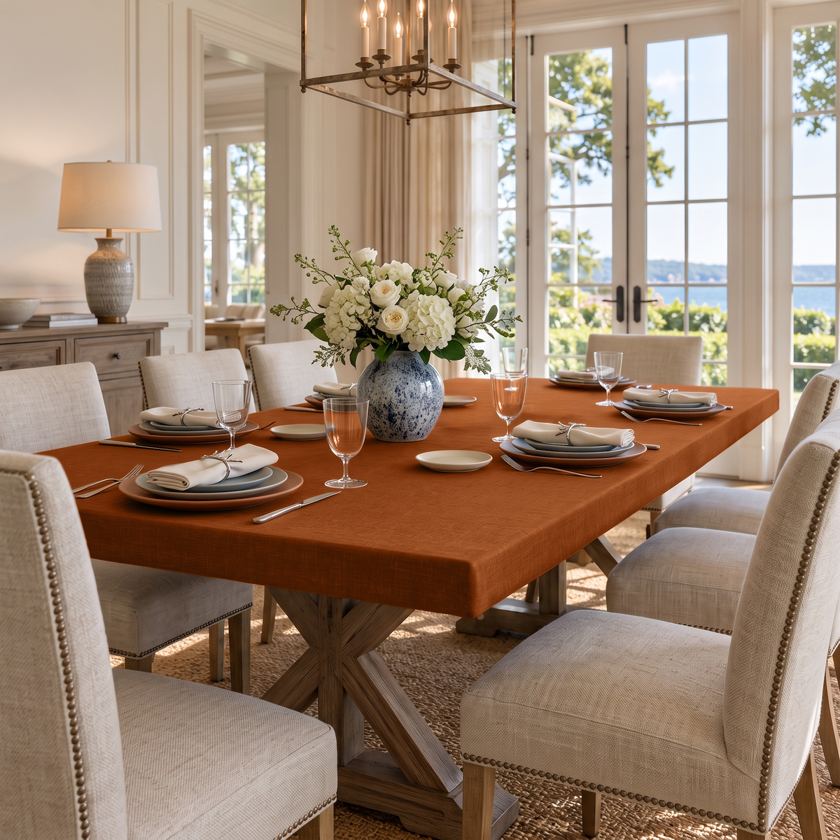 Terracotta Fitted Rectangular Heavy Weight Linen Tablecloth in a Modern Farmhouse Dining Room with Cream Upholstered Chairs