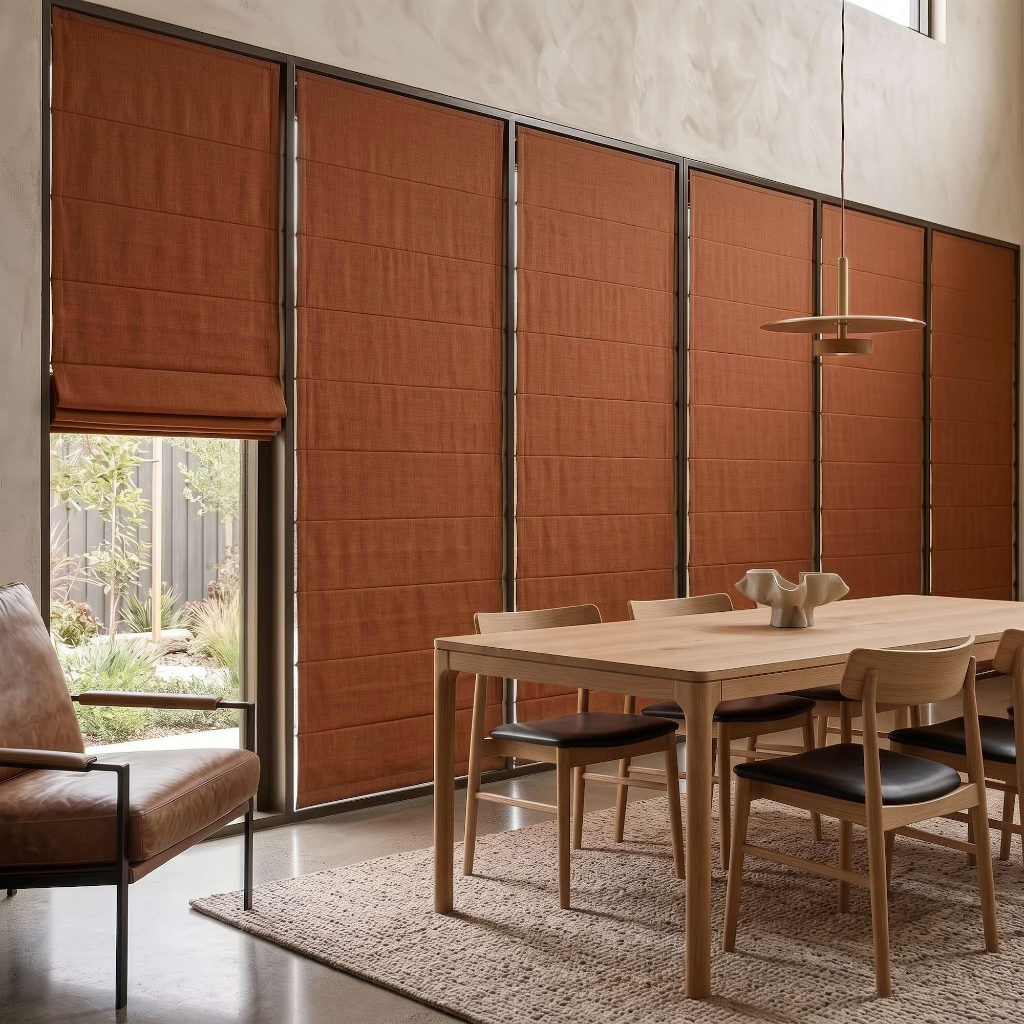 Terracotta Heavy Weight Linen Cordless Roman Blinds in a Contemporary Dining Room with Textured Gray Walls and Wooden Dining Table