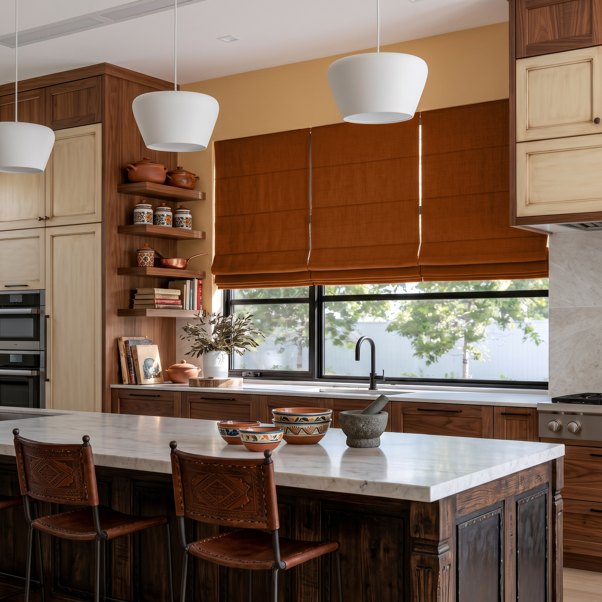 Terracotta Heavy Weight Linen Roman Blinds in a Rustic Kitchen with Warm Wood Cabinetry - Blackout Lining