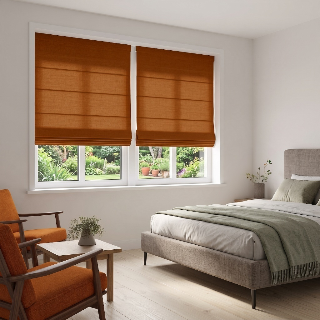 Terracotta Heavy Weight Linen Cordless Roman Blinds in a Modern Bedroom with Off-White Walls and Terracotta Armchairs