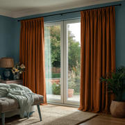 Terracotta Heavy Weight Linen Pinch Pleat Blackout Curtains for Sliding Door in a Moody Bedroom with Blue Walls, Black Rod, and Woven Planter
@Heading: Pinch Pleat