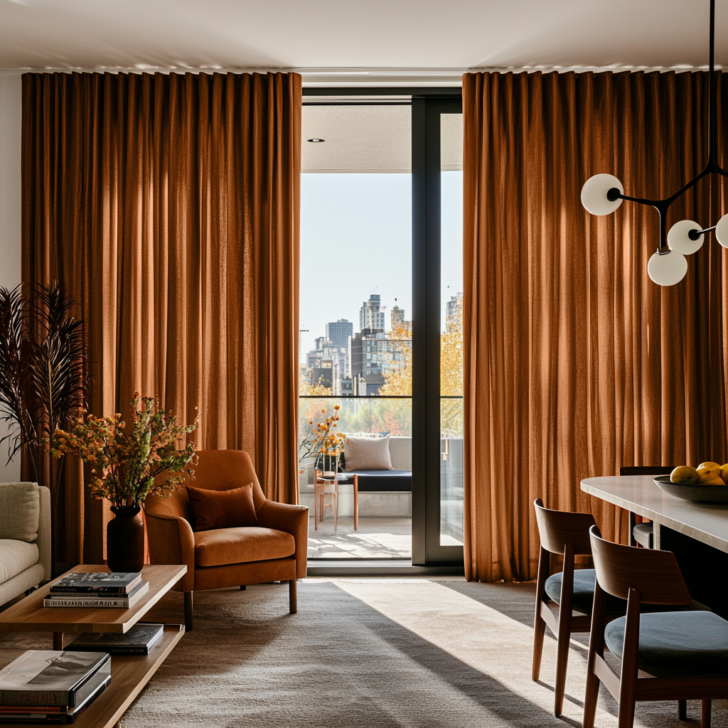 Terracotta Heavy Weight Linen S-Fold Curtains for Sliding Door in a Modern Living Room with City Balcony View, Wood Furniture, and Orange Accent Chair
@Heading: S-Fold