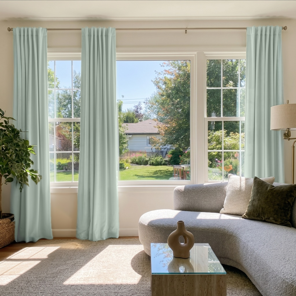 Mint Green Velvet Back Tab Curtains in a Sunlit Living Room with White Walls and Curved Gray Sofa