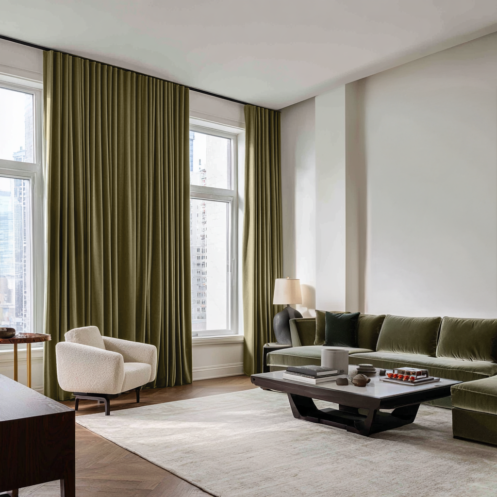 Olive Green Velvet Blackout S-Fold Curtain