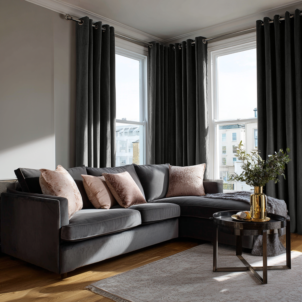 Dark Grey Velvet Eyelet Curtains in a Cozy Living Room with a Corner Sofa