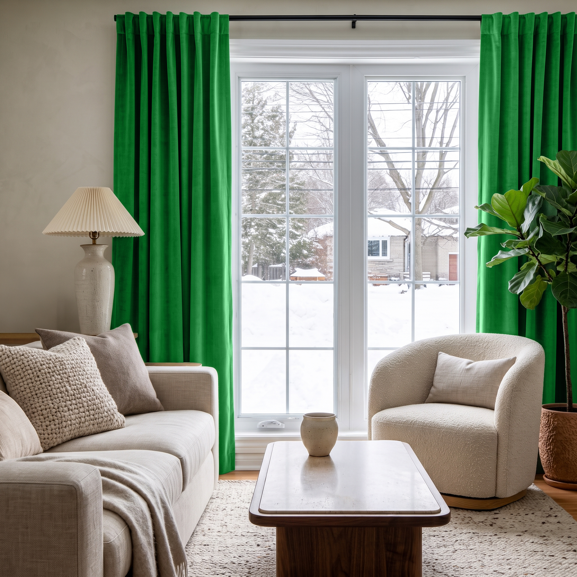 Lime Green Velvet Multitape Soundproof Curtains in a Cozy Living Room with a Cream Curved Armchair