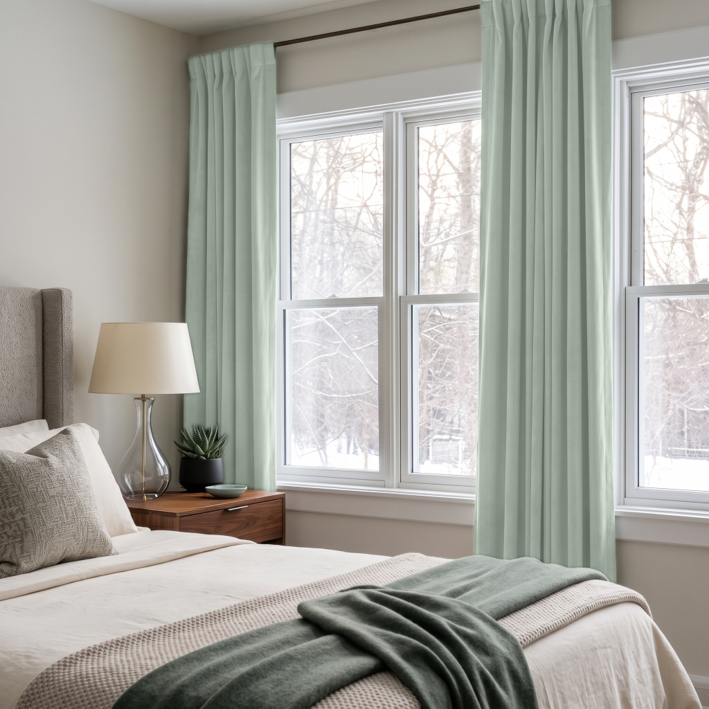 Mint Green Velvet Multitape Soundproof Curtains in a Minimal Bedroom with Light Grey Walls and White Bedding