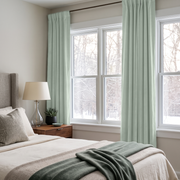 Mint Green Velvet Multitape Soundproof Curtains in a Minimal Bedroom with Light Grey Walls and White Bedding