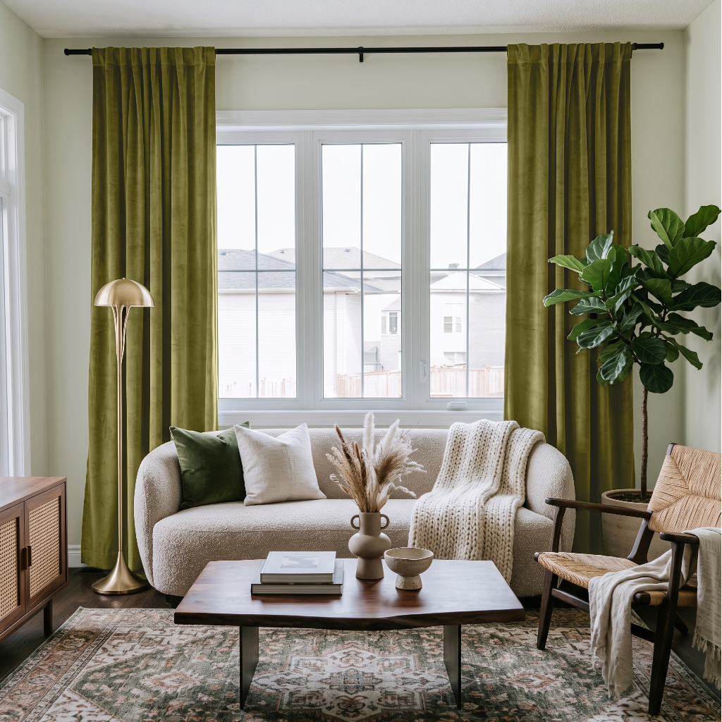 Moss Green Velvet Multitape Soundproof Curtains in a Living Room with a Cream Sofa