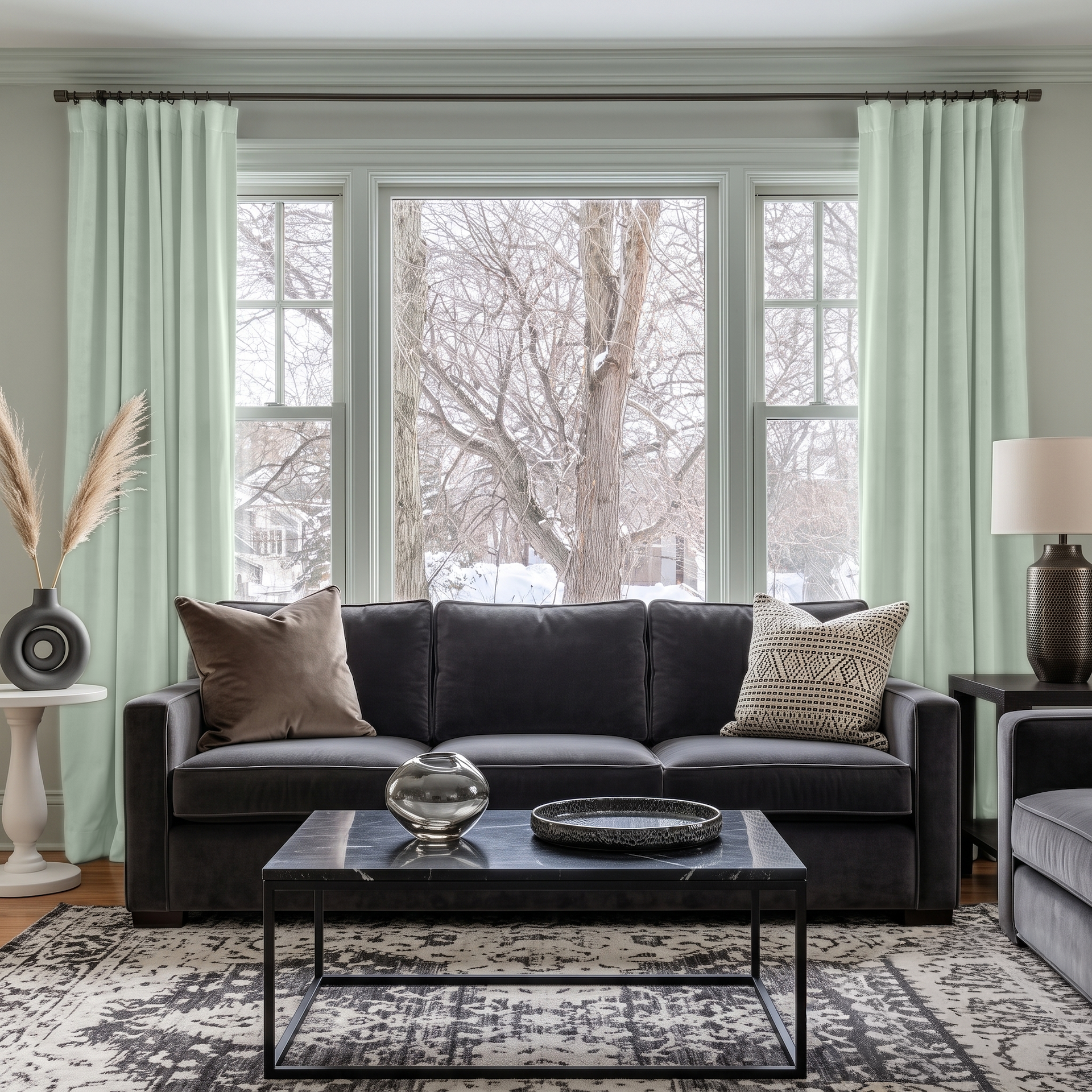 Mint Green Velvet Multitape Thermal Curtains in a Contemporary Living Room with Pale Grey Walls and a Charcoal Sofa