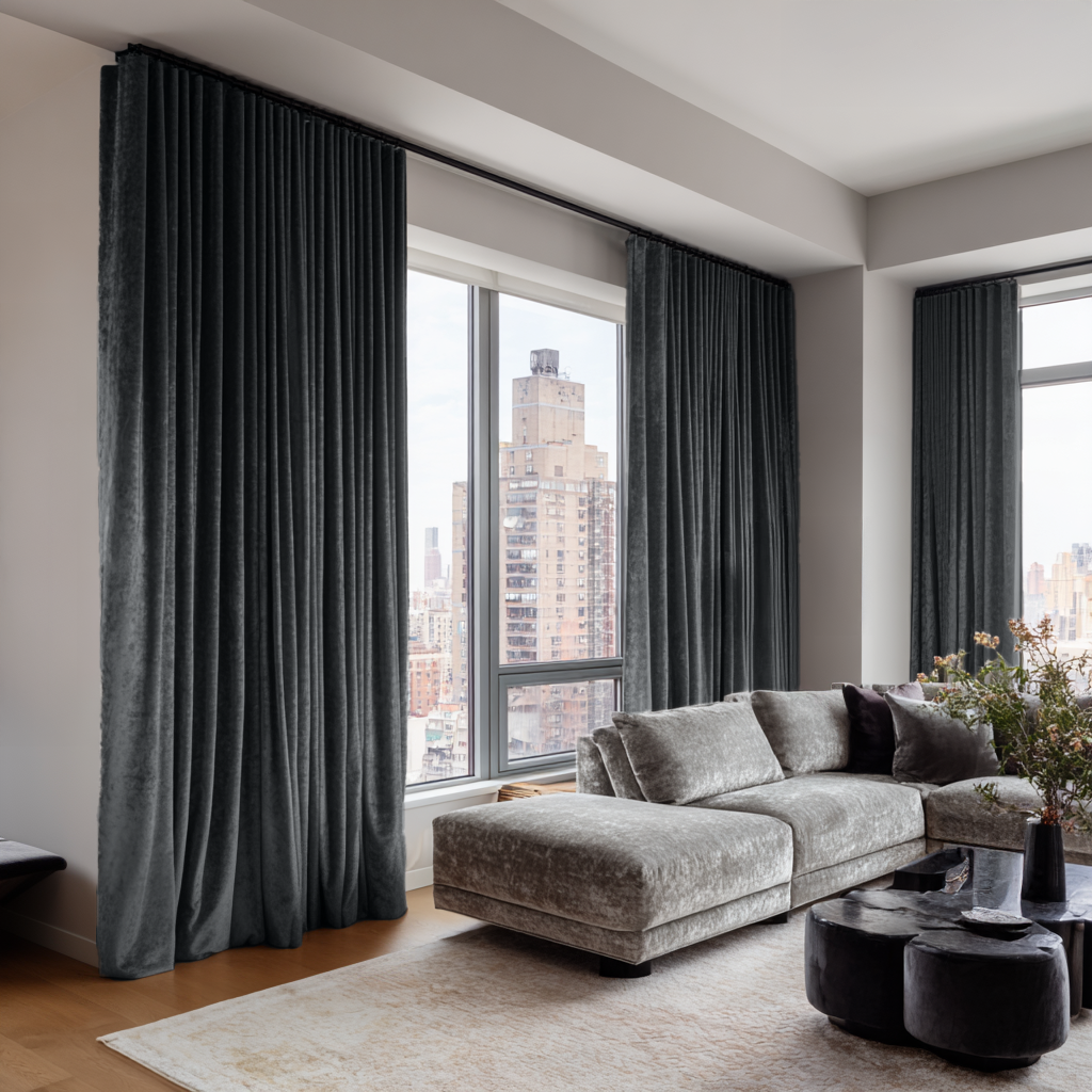 Steel Black Velvet Multitape Thermal Curtains in a Modern Living Room with a Light Grey Sofa