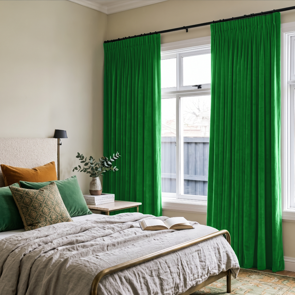 Lime Green Velvet Pencil Pleat Curtains in a Cozy Bedroom with Cream Walls and Brass Accents