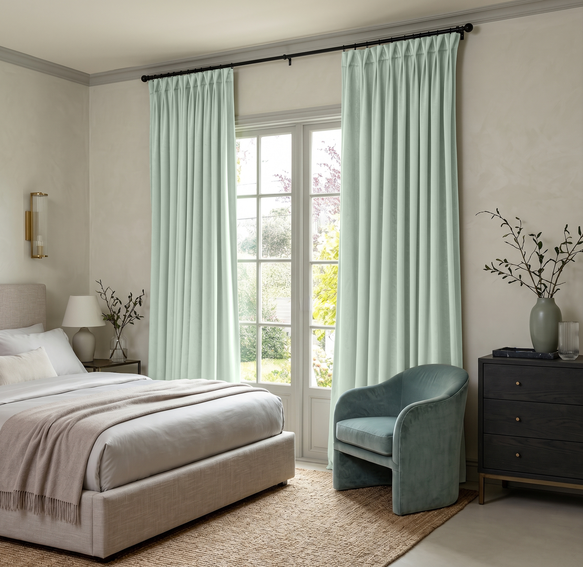 Mint Green Velvet Pinch Pleat Curtains in a Contemporary Bedroom with a Soft Blue Accent Chair and a Dark Wood Dresser