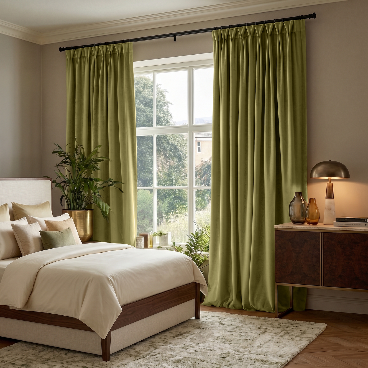 Moss Green Velvet Pinch Pleat Curtains in a Modern Bedroom with White Bedding and a Walnut Cabinet