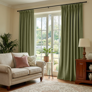 Olive Green Velvet Pinch Pleat Curtains in a Traditional Living Room with a Beige Sofa and Cherry Wood Cabinet