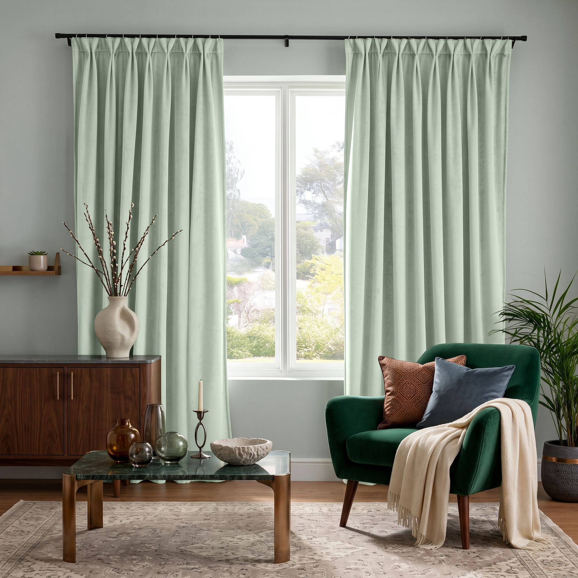 Mint Green Velvet Pinch Pleat Curtains in a Modern Living Room with Pale Blue Walls and an Emerald Accent Chair