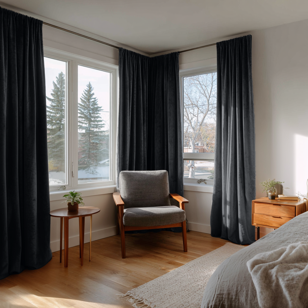 Steel Black Velvet Rod Pocket Curtains in a Minimalist Bedroom Corner with Warm Wood Furniture