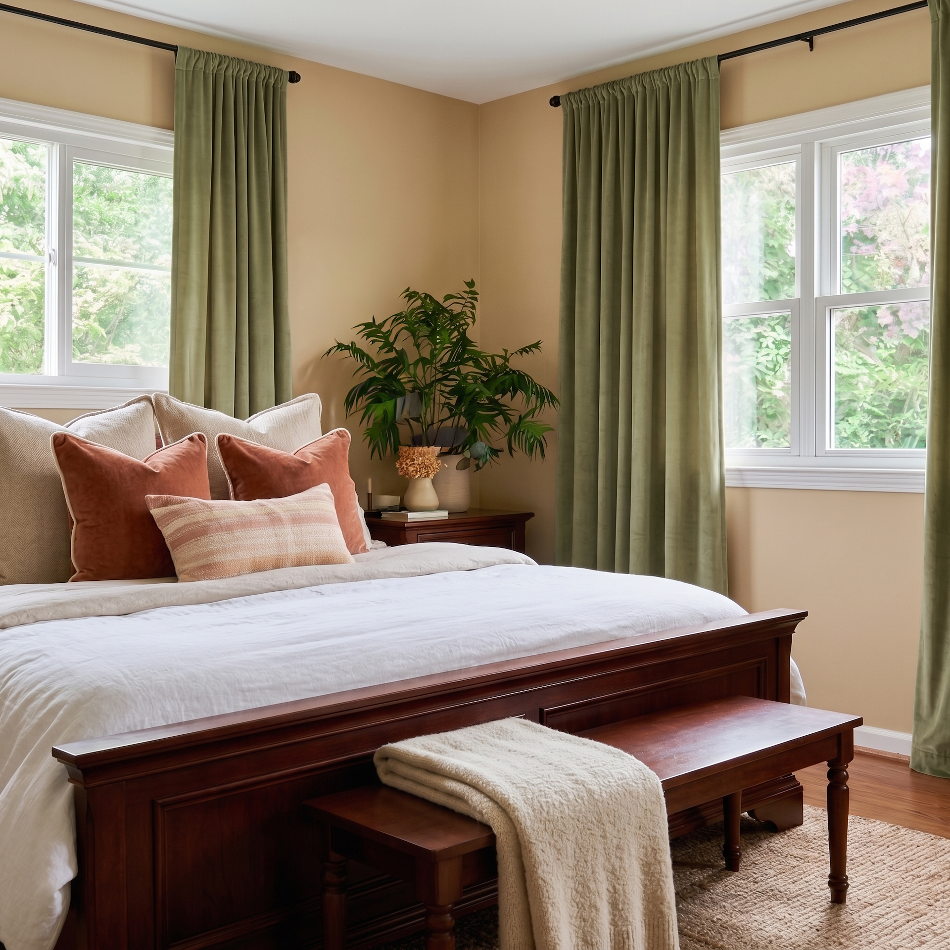 Olive Green Velvet Rod Pocket Curtains in a Warm Traditional Bedroom with Peach-Beige Walls