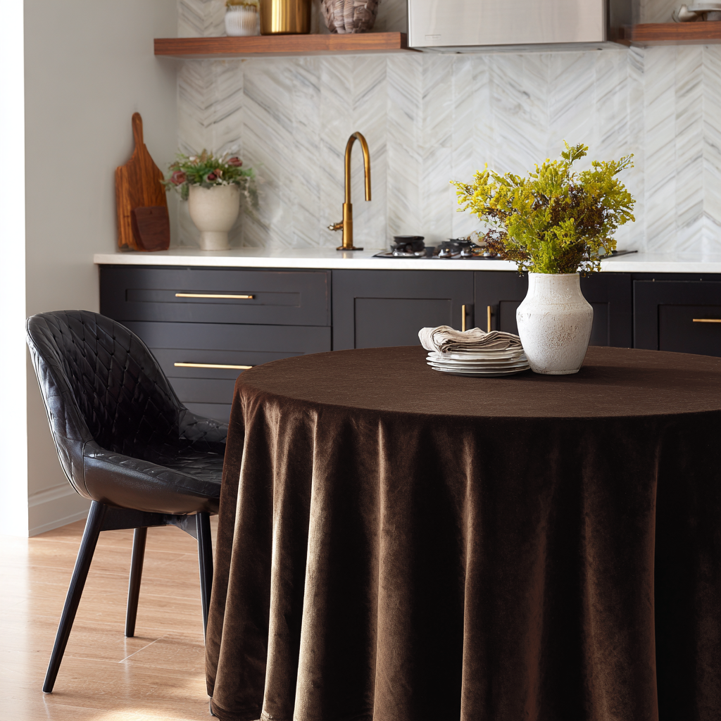 Chocolate Brown Velvet Round Tablecloth in a Modern Kitchen with White Marble Herringbone Tiles and Black Chair