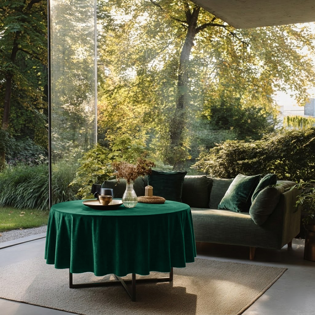 Emerald Green Velvet Round Tablecloth in a Sunlit Living Room with Floor-To-Ceiling Glass Walls and Deep Green Upholstery