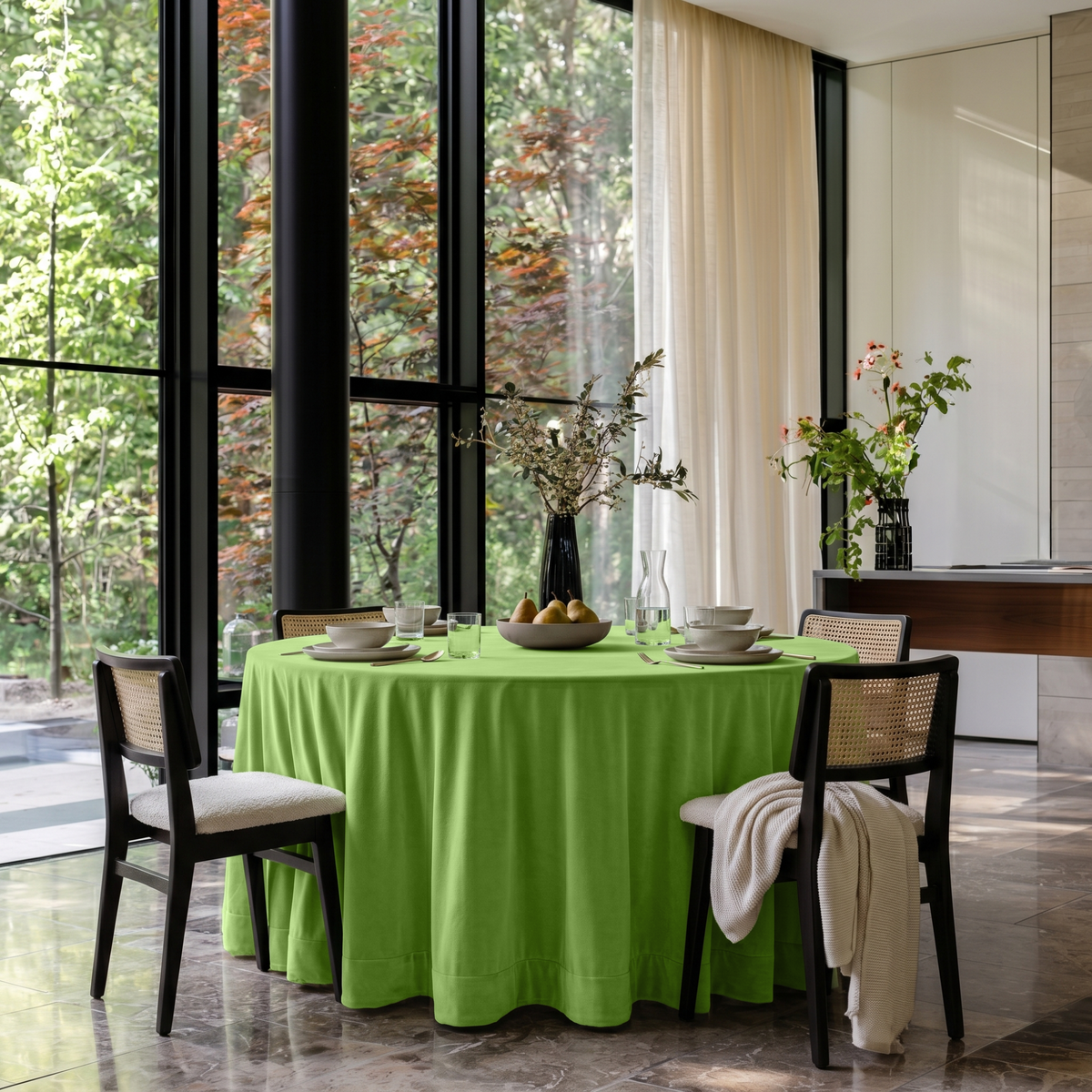 Light Green Velvet Round Tablecloth in a Modern Garden Dining Room