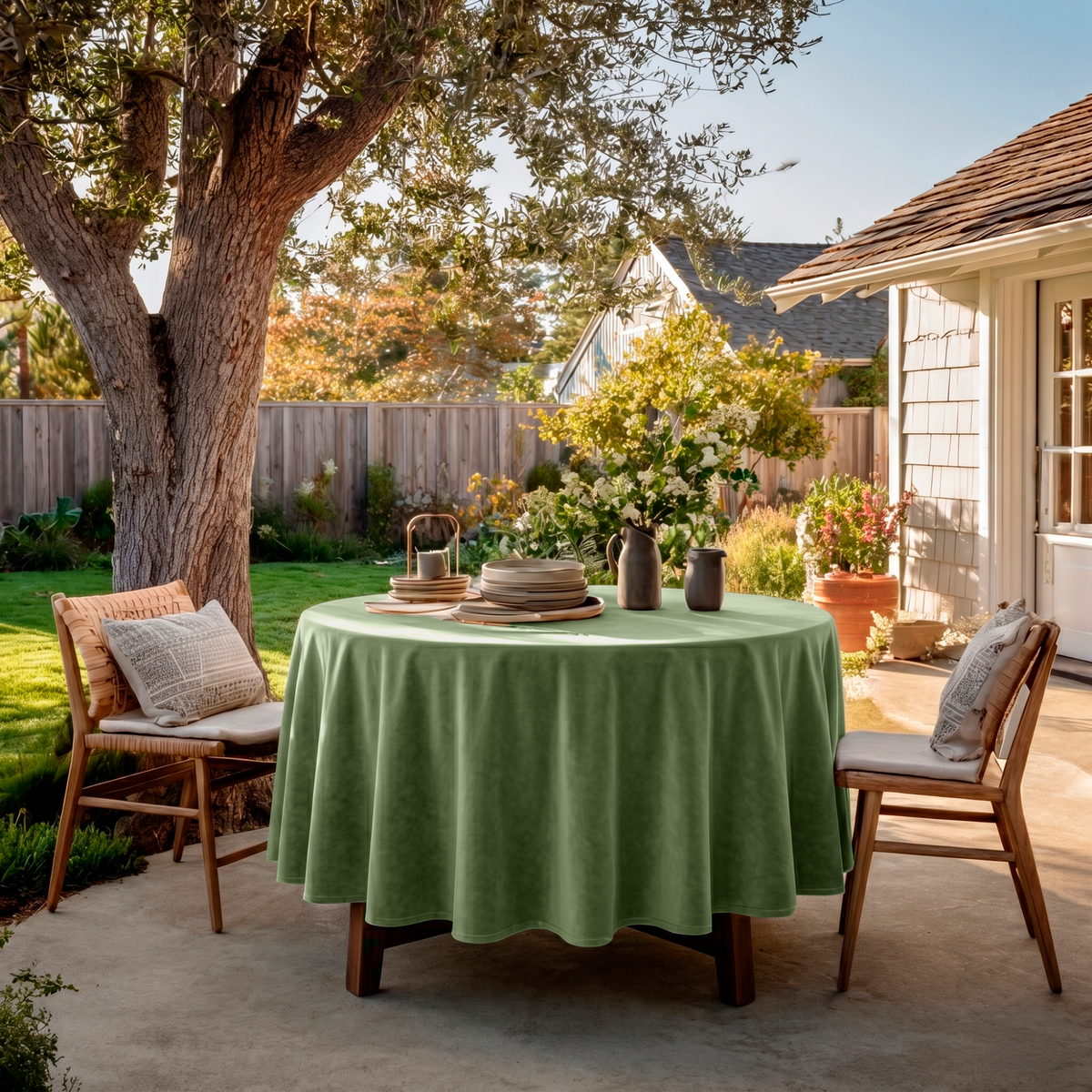 Sage Green Velvet Round Tablecloth in a Sunlit Patio with White Siding and Natural Wood