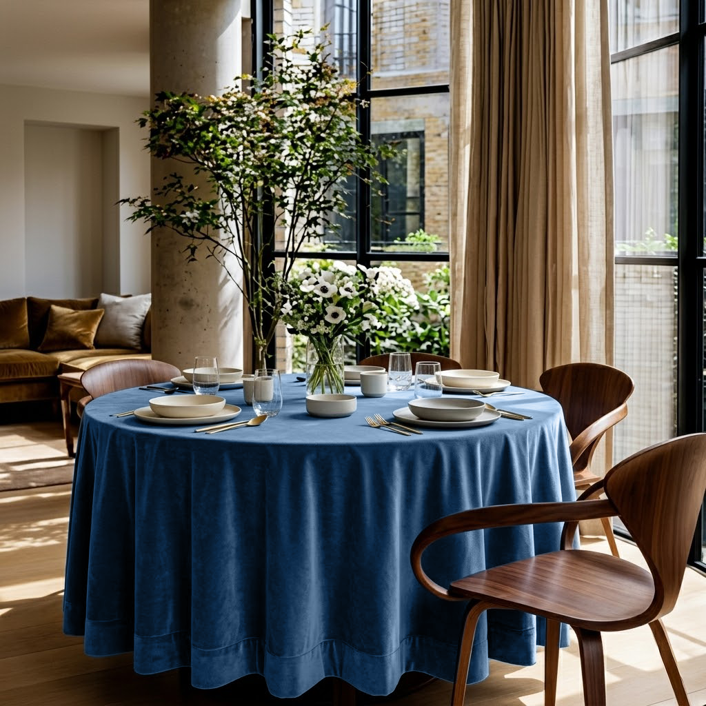 Steel Blue Velvet Round Tablecloth in a Bright Dining Room with Cream Walls