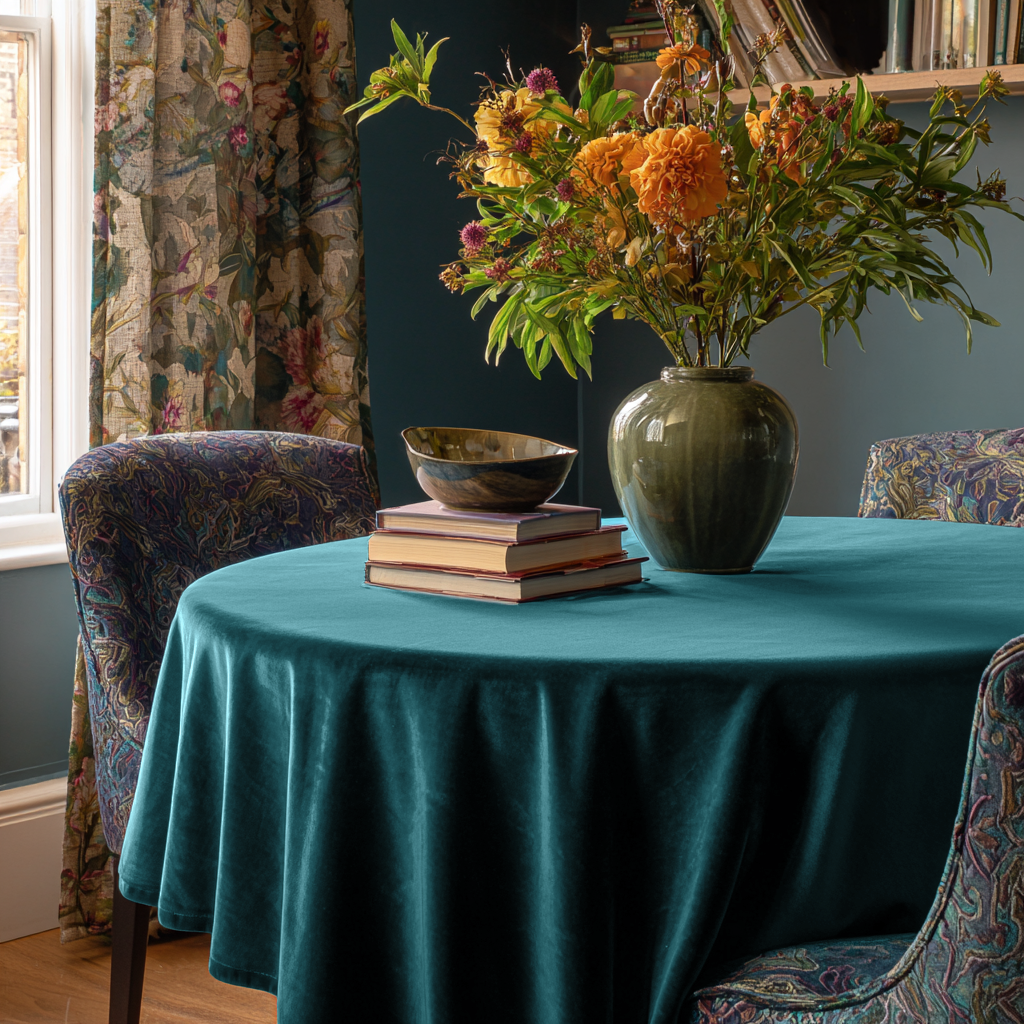 Teal Velvet Round Tablecloth in a Moody Dining Room with Deep Teal Walls and Floral Textile