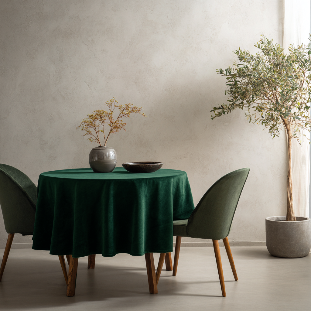 Emerald Green Velvet Round Tablecloth in a Minimal Dining Room with Warm Beige Plaster Walls