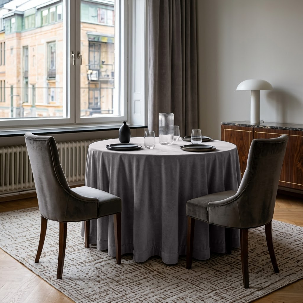 Grey Velvet Round Tablecloth in a Minimal Dining Room with Soft Greige Walls